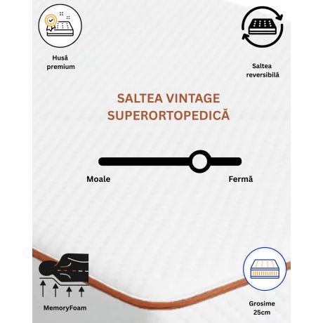 SALTEA VINTAGE 250  Ortopedica Memory 200X160X25 4BrandsDream, spuma poliuretanica cu memorie, husa Vintage detasabila, fermitate medie.