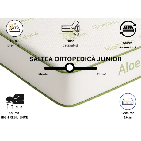 Saltea Junior  Ortopedica  Aloe 4BrandsDream, 190x90x17, spuma poliuretanica high resilience, husa tratata cu Aloe Vera detasabila, fermitate foarte mediu spre ridicata.