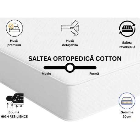 Saltea Ortopedica Cotton 4BrandsDream, 200X120X20, spuma poliuretanica high resilience, hipoalergenic, husa 68%Bumbac si 32 % poliester detasabila, fermitate mediu spre  ridicata.