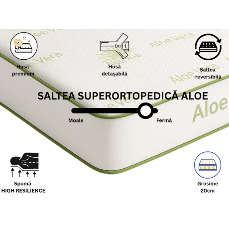 Saltea  SuperOrtopedica  Aloe 4BrandsDream, 200X160X20, spuma poliuretanica high resilience, husa tratata cu Aloe Vera detasabila, fermitate foarte  ridicata.