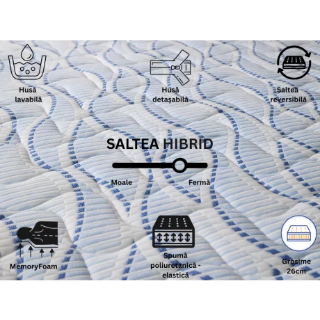 Saltea hibrid fără arcuri, cu fermitate medie, realizată din spumă HR Resilience 55 și MemoryFoam adaptiv, 200x200x26. Oferă echilibrul perfect între confort și susținere, pentru un somn corect și odihnitor. Fabricată în România, cu husă detașabilă și lav